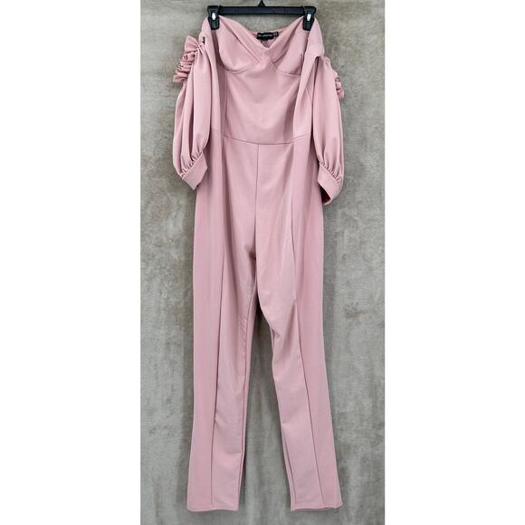 Pretty Little Thing Jumpsuit Womens 18 Dusty Pink Puff Sleeve Off the Shoulder - Picture 1 of 13